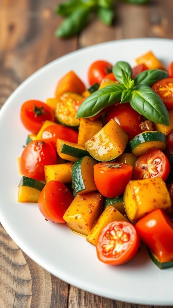 A vibrant vegetable medley of tomatoes, zucchini, and bell peppers garnished with basil on a rustic table.